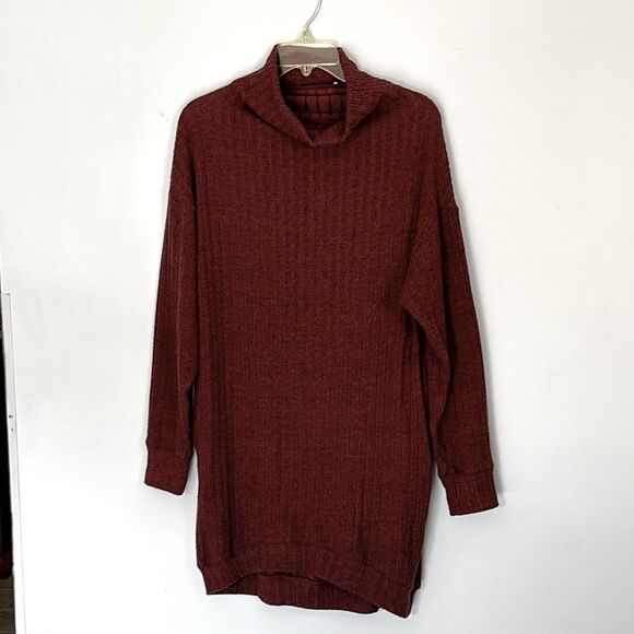 LUSH | Soft Ribbed Women’s Knit Cowl Neck Burgundy Red Sweater Dress - Picture 2 of 14